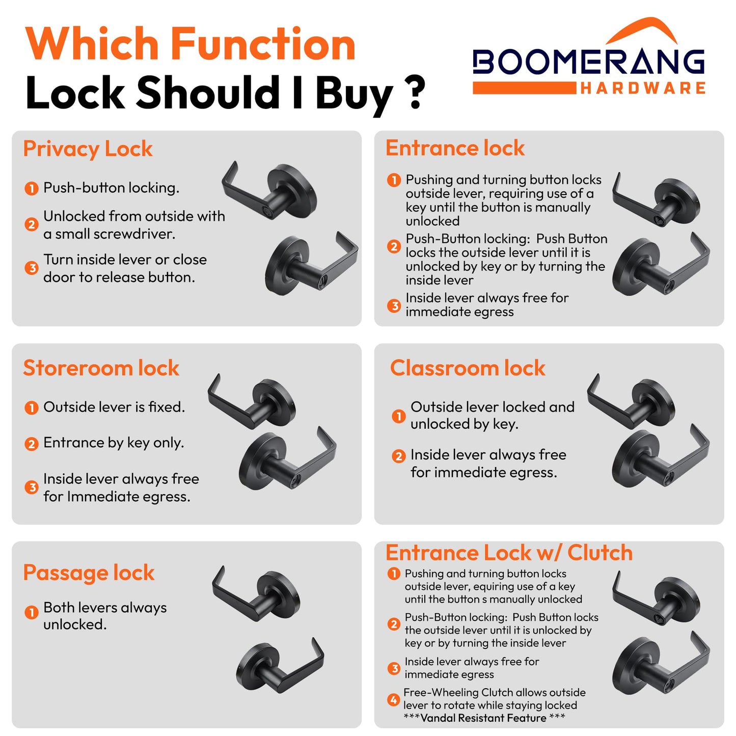 Boomerang Entry w/Clutch Function - ADA Commercial Door Lever Lock - Heavy-Duty Locking Door Handle, Cylindrical Lever Lock, Non-Handed Grade 2, Matte Black (US19), Entrance/Keylock w/Clutch