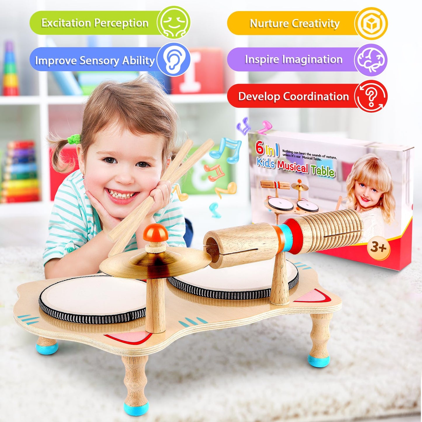 WINGYZ Kids Drum Set – 6-in-1 Wooden Musical Instruments for Toddlers 1–3, Montessori Baby Music Set with Drums, Cymbal & Tone Block, FSC-Certified Cat Design Table for Home & Classroom Learning Gift