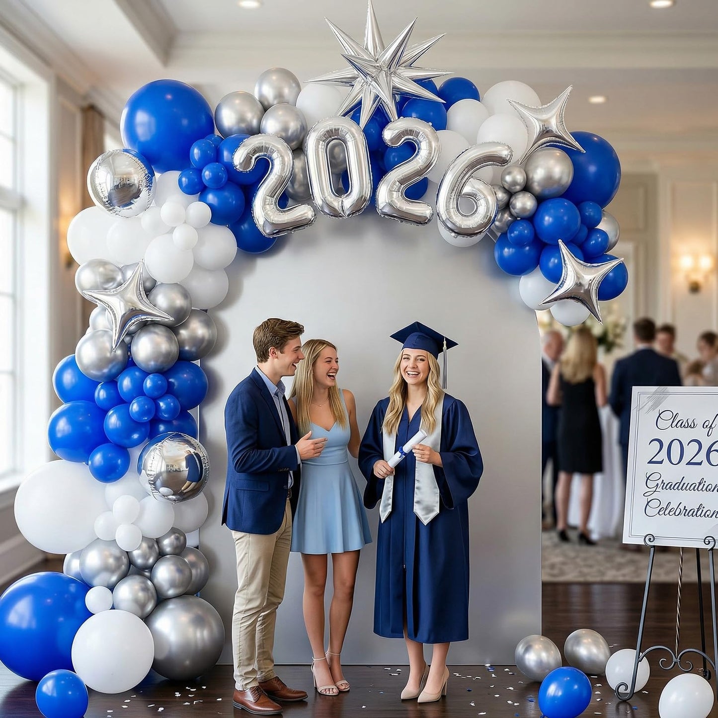Blue Silver White Balloons Arch Kit, Blue White Balloon Arch with 4D Silver Star Graduation 2026 Foil Balloon Banner, Royal Metallic Balloons for Class of 2026 Graduation Decoration Birthday Party