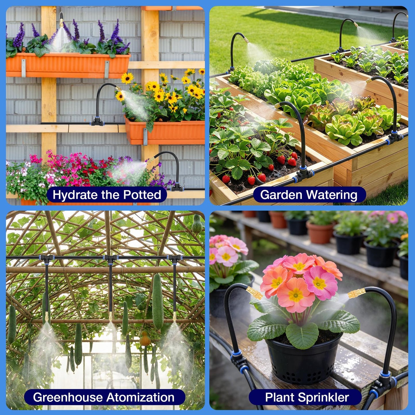 GOTGELIF 100FT Drip Irrigation Kit, with 25Pcs 360° Adjustable Nozzles, 5/16" Tubing, 30 T-connectors, Water-Saving System, Garden Watering Sprinkler for Greenhouse, Vegetable,Potted Plants, Lawn