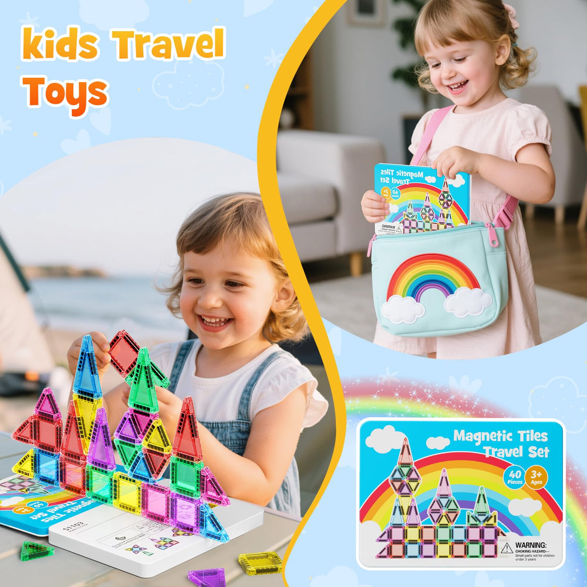 hunloot 40 Pieces Magnetic Tiles for Kids Ages 4-8, Travel Magnetic Building Blocks Set with Iron Box, STEM Outdoor Kids Toys Gift for Boys & Girls 3+ Year Old, Pocket-Sized Classroom Must Haves