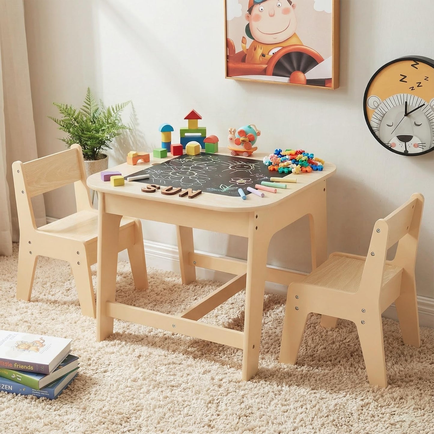 INFANS Kids Table and Chair Set, 3 in 1 Wooden Activity Table with Removable Tabletop, Blackboard and Whiteboard for Toddlers Arts Crafts Drawing Reading Playing, Playroom Nursery (Natural)