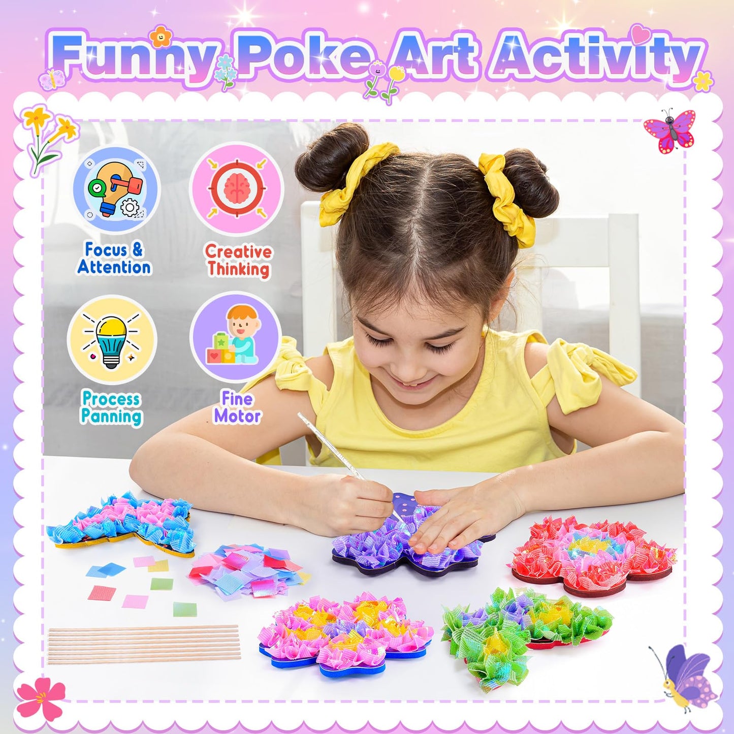 MDINGTD Toys for 4 5 6 7 8+ Year Old Girls, Poke Art Flower Bouquet with 8 Flowers & 2 Butterflies Arts and Crafts for Girls Ages 4-8 DIY Creative Activity Birthday Valentine Gifts Craft Kits