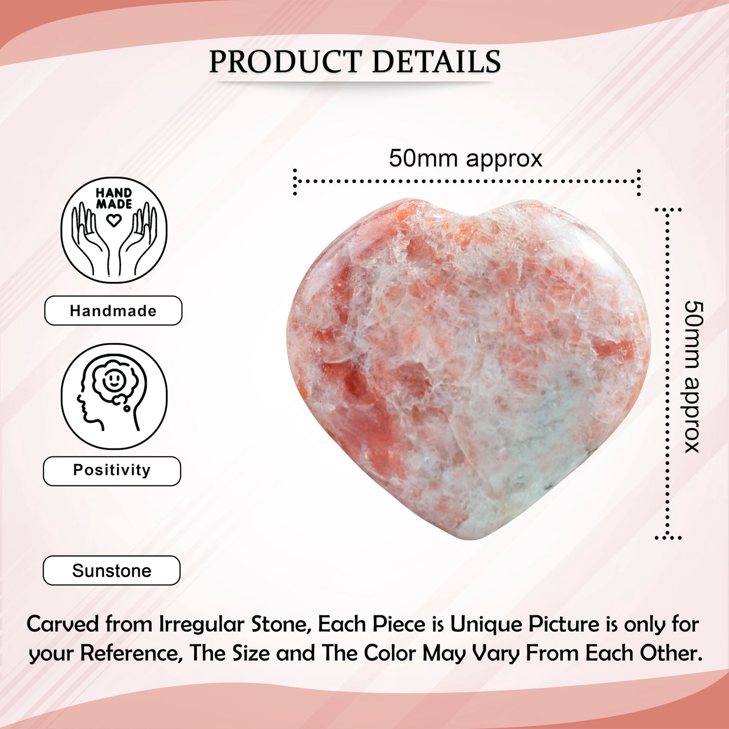 Crocon Sunstone Gemstone Big Heart Hand Carved Puff Stones Set Pocket Crystals Healing Tumble Collection Palm Worry Pocket Stone Good Luck Charm Gift Craft Home Decor Size 2 inch