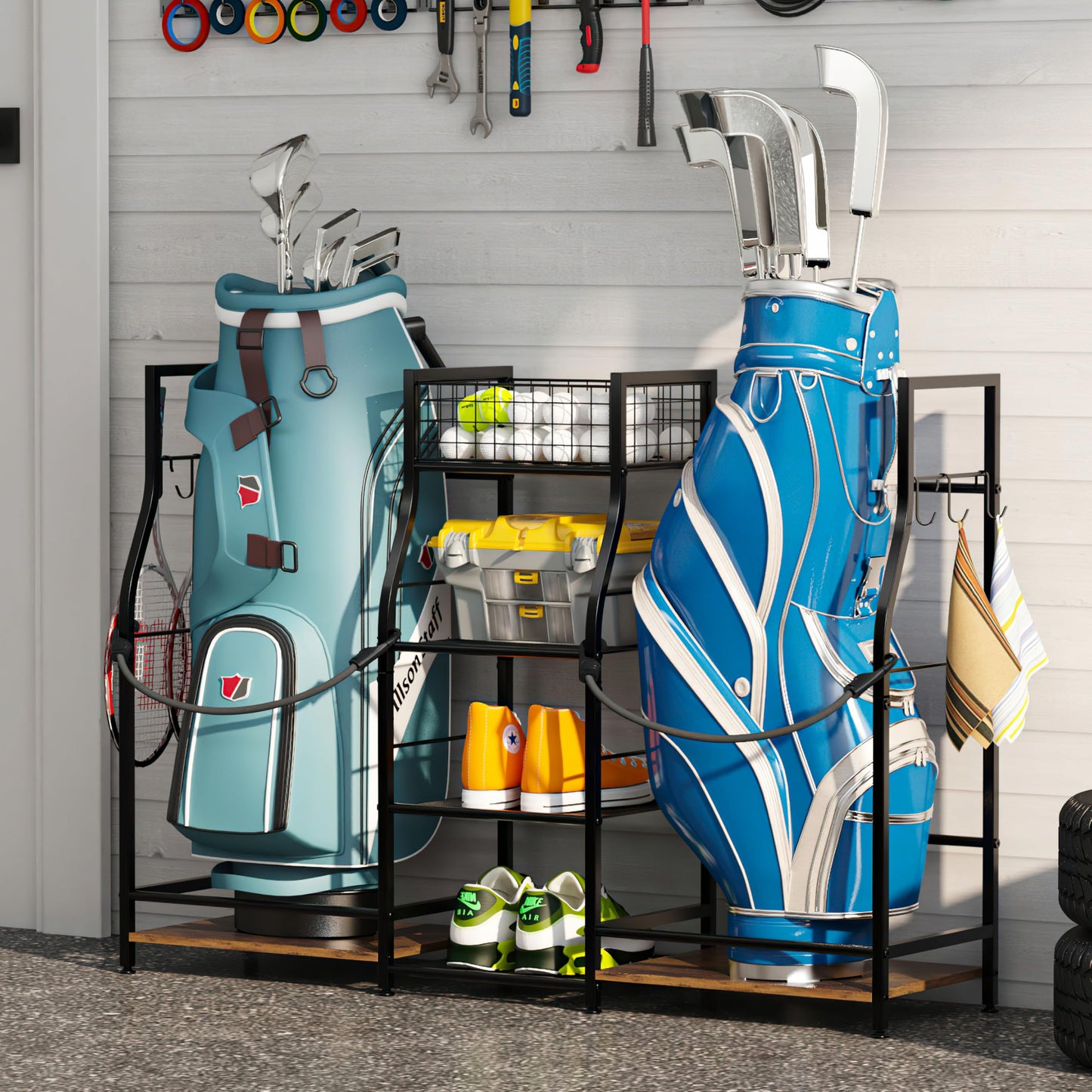 Jsskeeim Golf Bag Storage Organizer for Garage Organization, Golf Bag Stand for Golf Bag Accessories, Spacious Golf Rack for Golf Clubs & Golf Essentials, Ideal Golf Gifts for Men (Fits 2 Golf Bags)