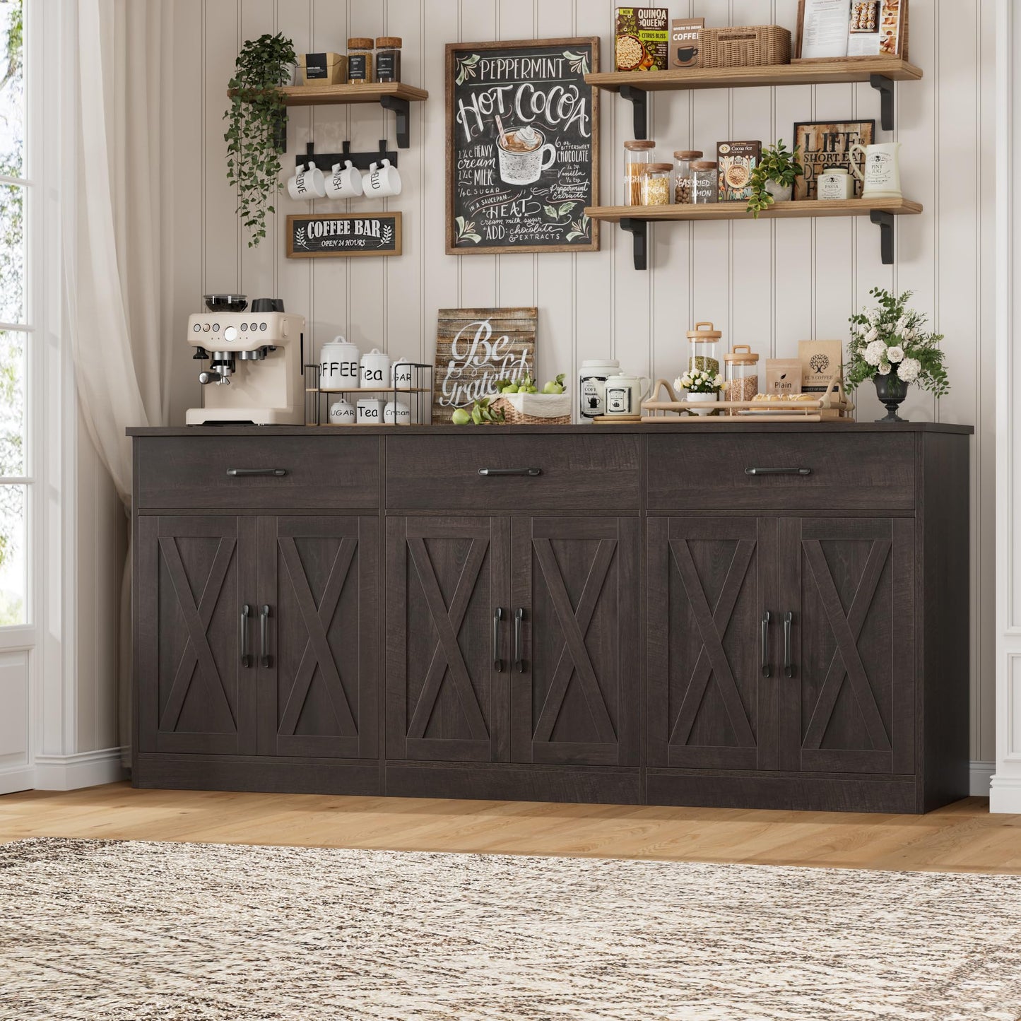 HOSTACK 71" Large Sideboard Buffet Cabinet with Storage, Farmhouse Coffee Bar Cabinet with 3 Drawers, Long Kitchen Buffet Table, Kitchen Sideboard Storage Cabinet for Dining, Living Room, Dark Brown