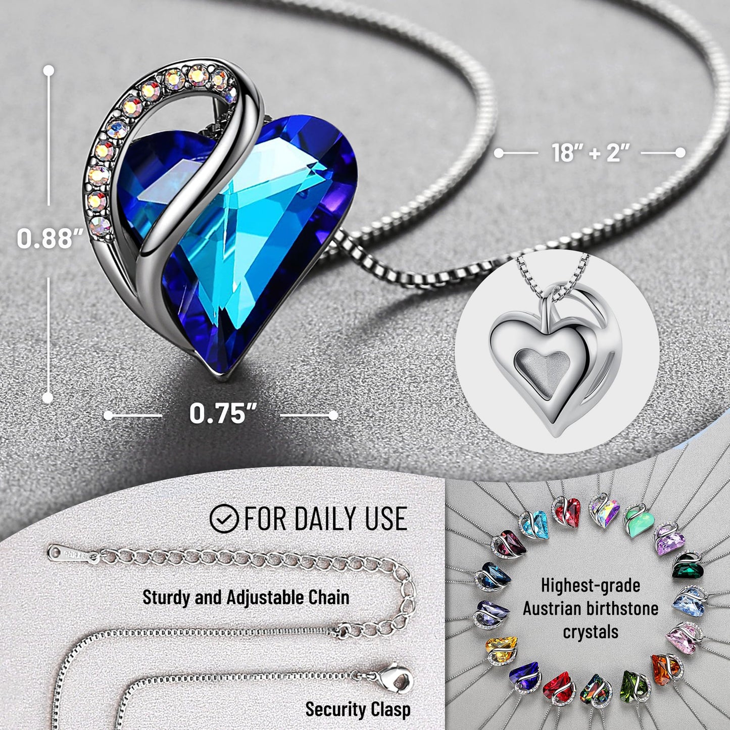 Leafael Gift Necklaces for Women, Infinity Love Birthstone Heart Pendant, Rainbow Blue Crystal for September, Birthday Jewelry for Her, Mom, and Wife, Silver Plated, 18" + 2" Chain
