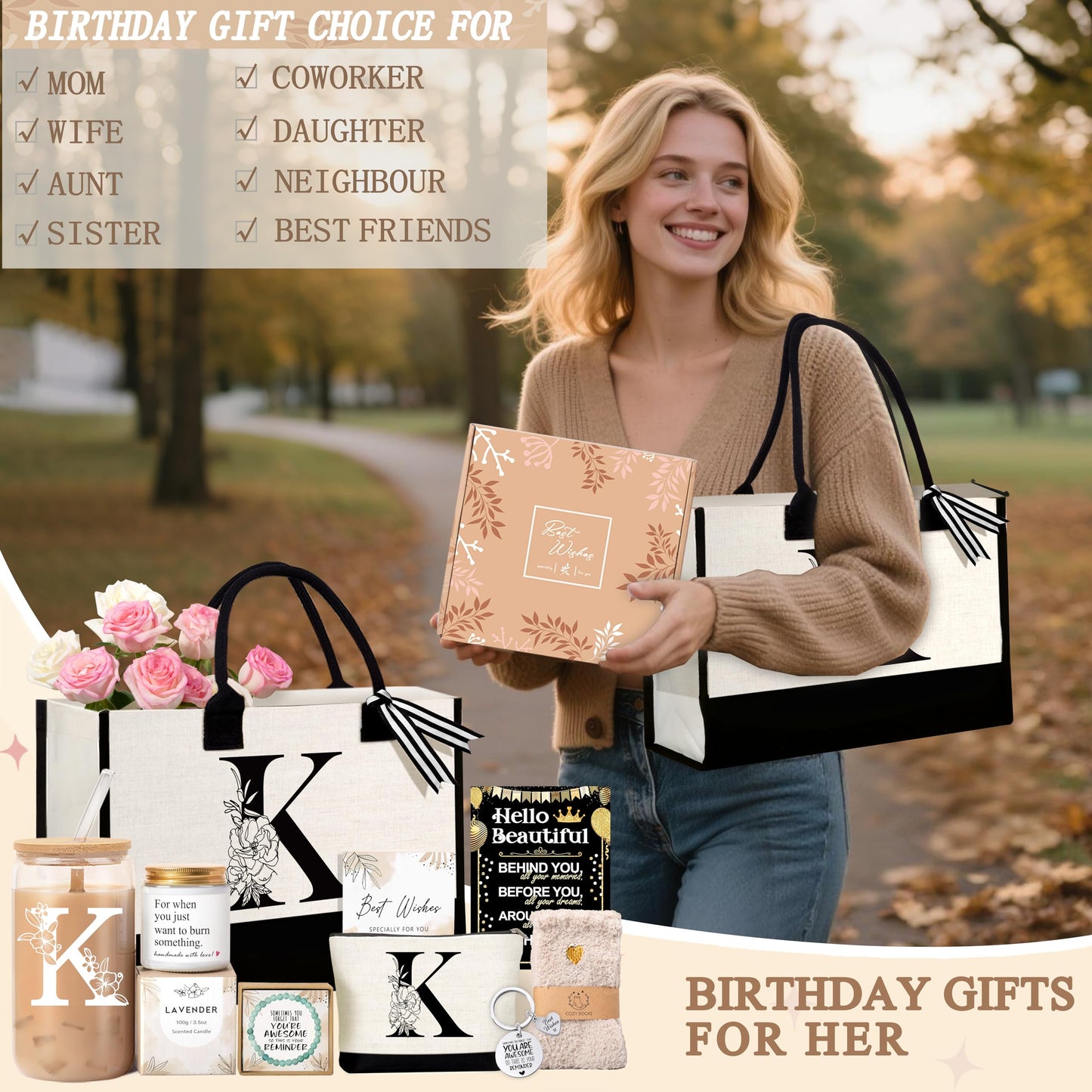 Lepiche Birthday Gifts for Women, Monogrammed Initial Gift for Teacher Wife Mom, Tote Bag,Glass Cup Gift Basket Personalized Christmas Mother's Teacher Appreciation Day,K