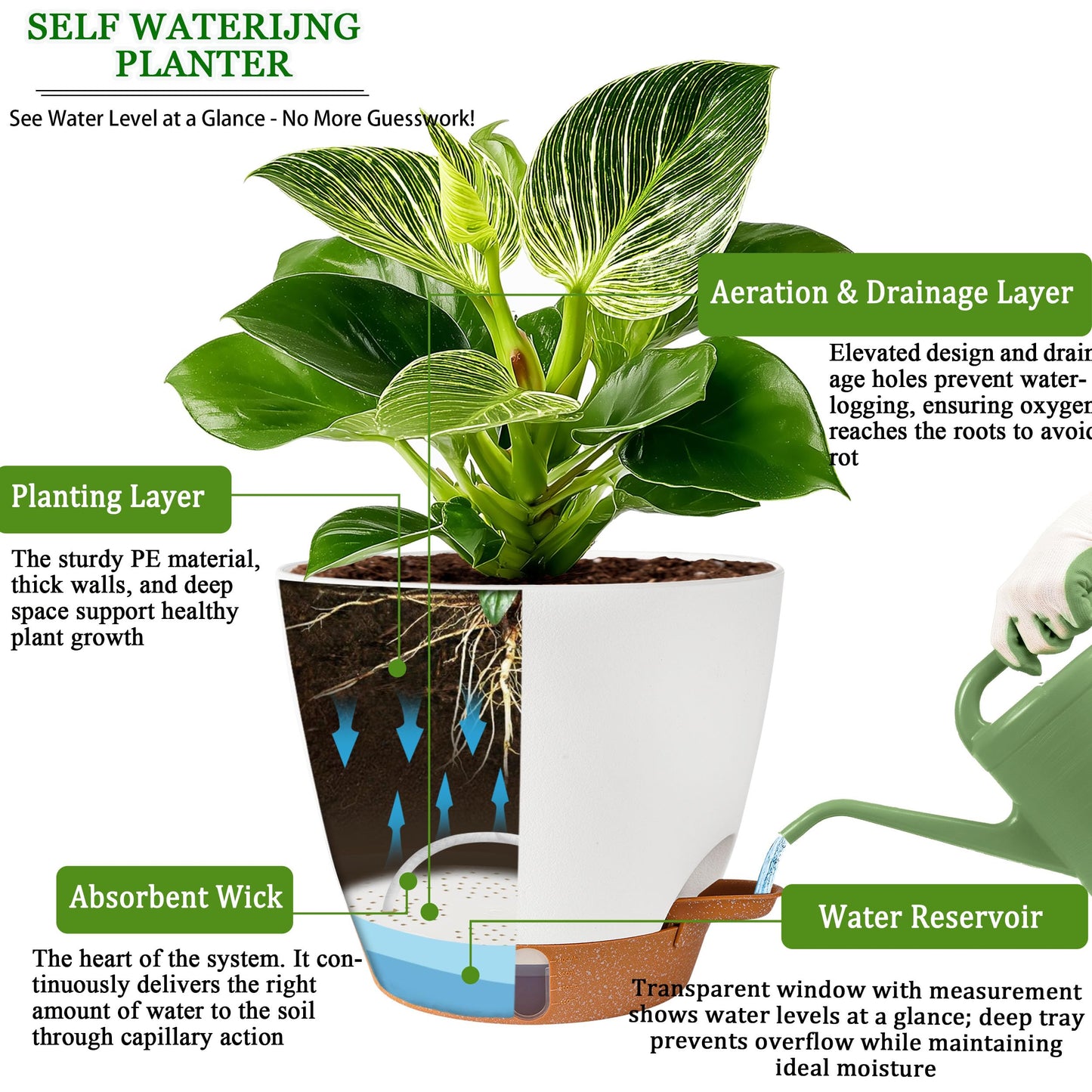 Fielda Self Watering Pots for Inoor Ourdoor Plants 10/9/8/7/6.5 Inch Plastic Planters with Drainage Holes & Water Level Indicator, Decorative House Flower Nursery Planting Pots with Saucers ((White)