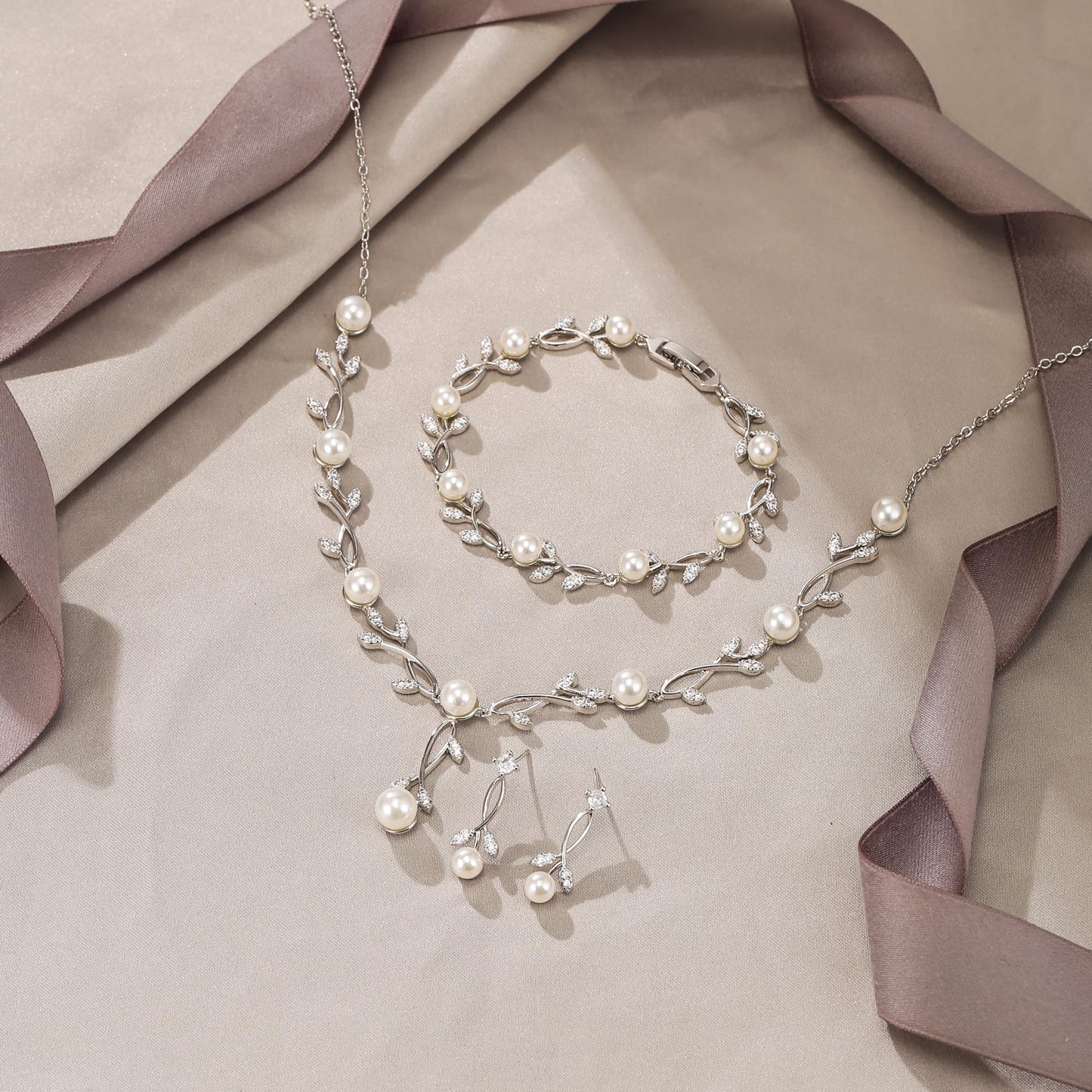 EVER FAITH Bridal Jewelry Set for Bride, White Gold-Plated-Brass Cubic Zirconia Simulated Pearl Leaf Filigree Prom Party Necklace Earrings Bracelet Sets for Women fit Wedding Dress