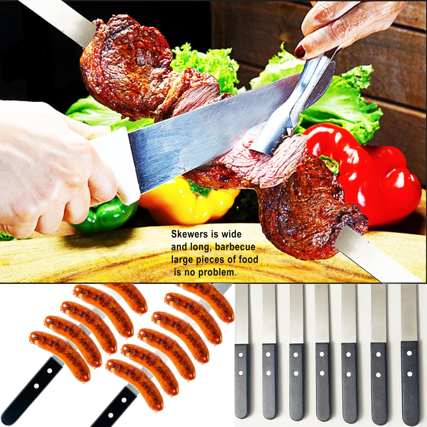 Voniel 23.6 Inch Long Kabob Skewers,0.91 Inch Wide Skewers for Kabobs,Metal Stainless Steel Kebob for Grilling,Extra Large Flat Kebab,BBQ Tool,Barbecue Sticks with Black Wood Handle,7 Pack with Bag.