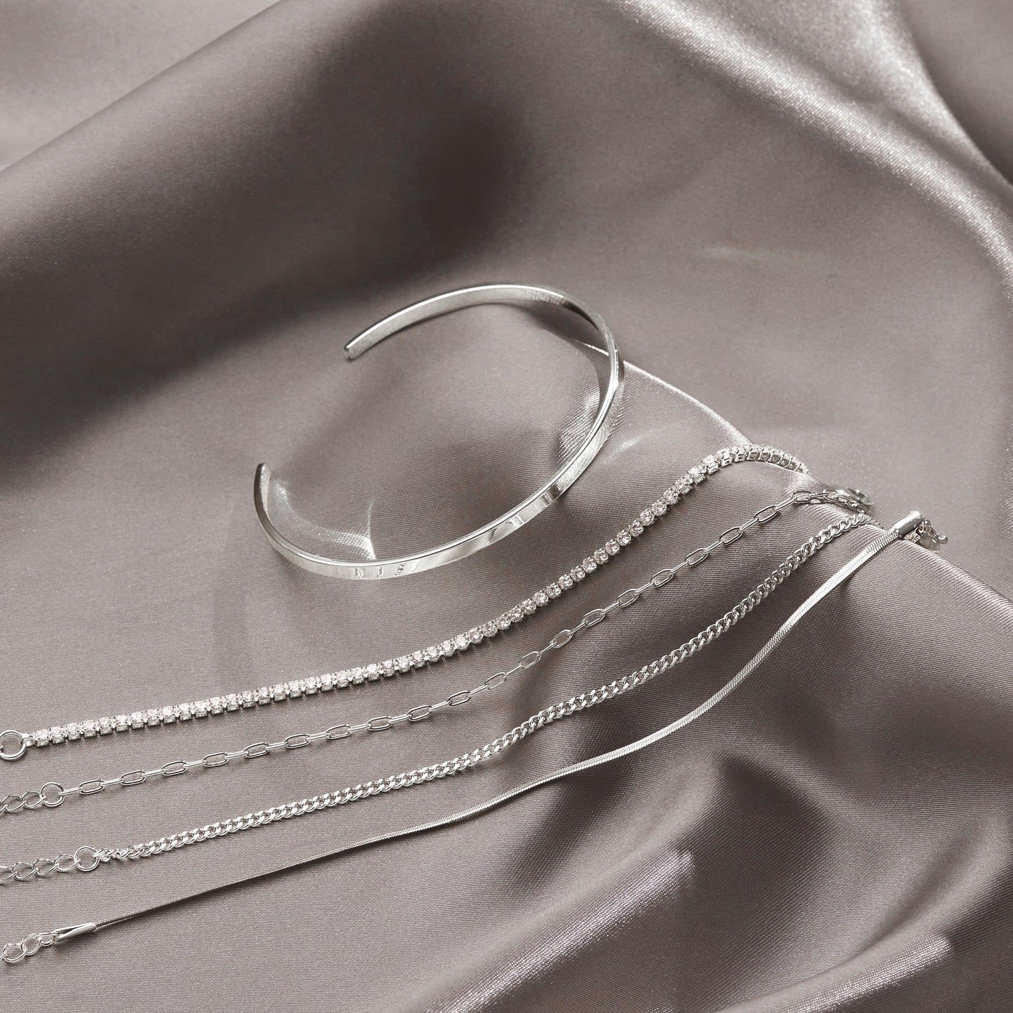 Silver Bracelets for Women 925 Silver Plated 5Pcs Dainty Bracelet Set - Waterproof Tarnish Free Stainless Steel Jewelry - Quiet Luxury Stackable Paperclip Herringbone Cuban Tennis Cuff Chain Gifts