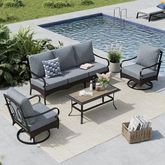 MFSTUDIO 4 Pieces Outdoor Patio Furniture Set, Metal Outdoor Conversation Set, Rattan Wicker Patio Sectional with 2 x Swivel Single Sofa, 3-Seat Sofa, 1 x Coffee Table, Grey