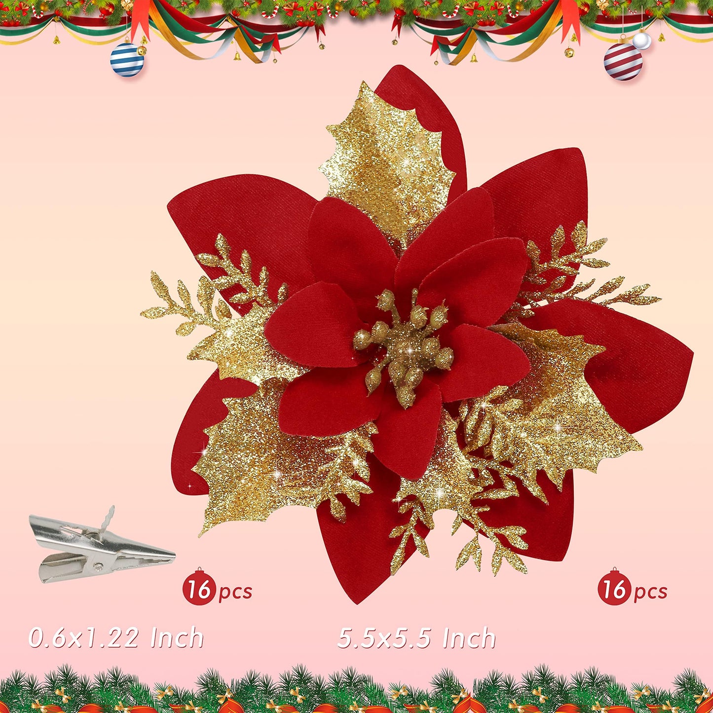 16 PCS Poinsettia Flower Artificial Poinsettia Christmas Decorations Glitter Poinsettias Christmas Ornaments Christmas Tree Flower Decorations with Clips DIY Xmas Wreath Holiday Weed Home Party Decor
