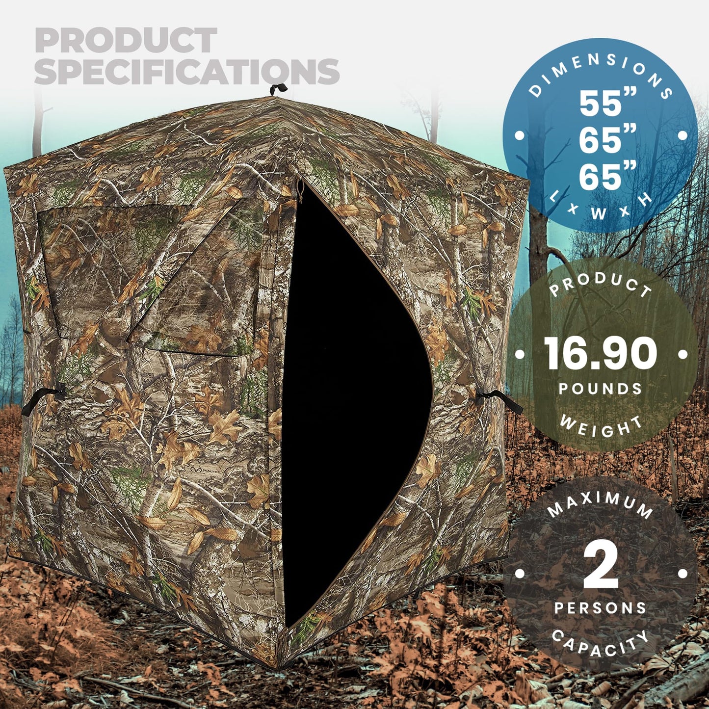 Ameristep Care Taker Portable Pop Up 2 Person Ground Hunting Concealment Blind with Mesh Window and Premium ShadowGuard, RealTree Edge