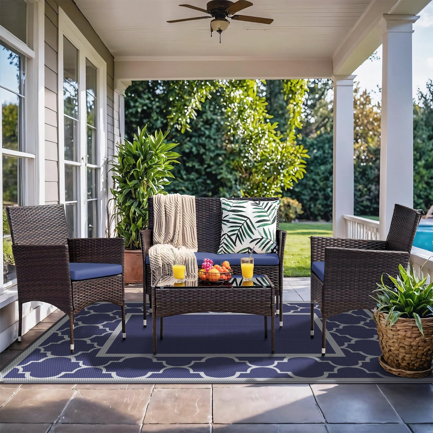 GENIMO 4 ' x 6 ' Outdoor Rug for Patio Clearance, Waterproof Indoor Outdoor Plastic Straw Rugs Carpet, Reversible Outside Area Rv Mat for Camping, Balcony Porch, Deck, Picnic, Beach (Blue & Gray)
