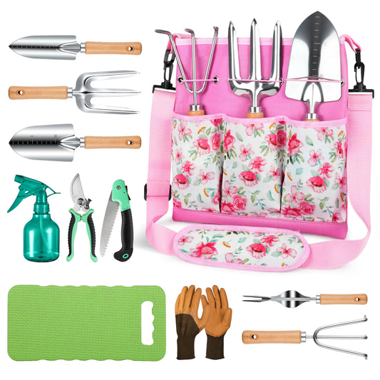 All-in-One Garden Tool Set, 11-Piece Heavy Duty Gardening Tools with Ergonomic Canvas Shoulder Crossbody Bag, Rust-Proof Premium Garden Tool Kit, Gardening Gift for Women Men (Pink)