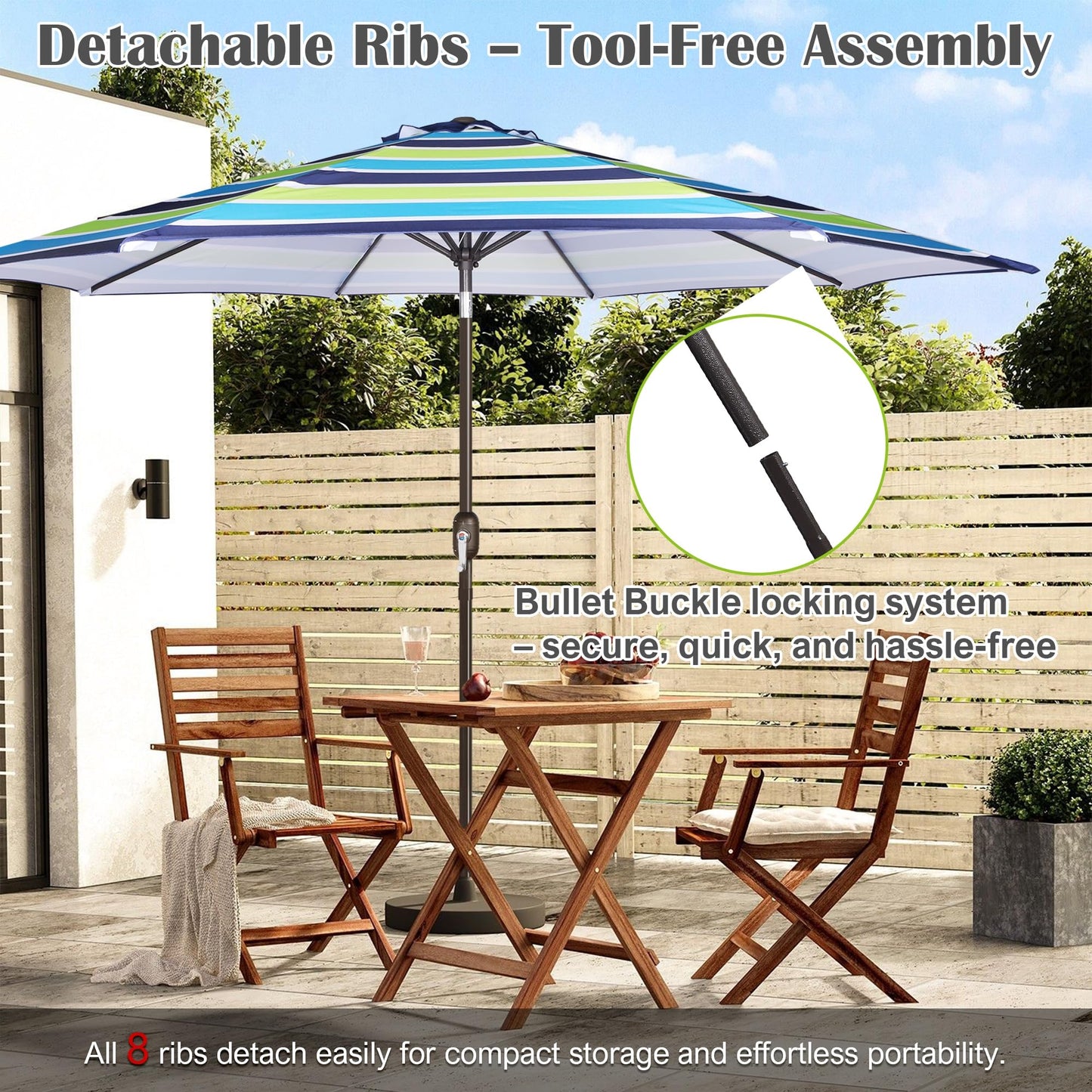 Blissun 10FT Patio Umbrella, Outdoor Table Umbrella, Yard Umbrella, Market Umbrella with 8 Sturdy Ribs, Push Button Tilt and Crank, Blue & Green