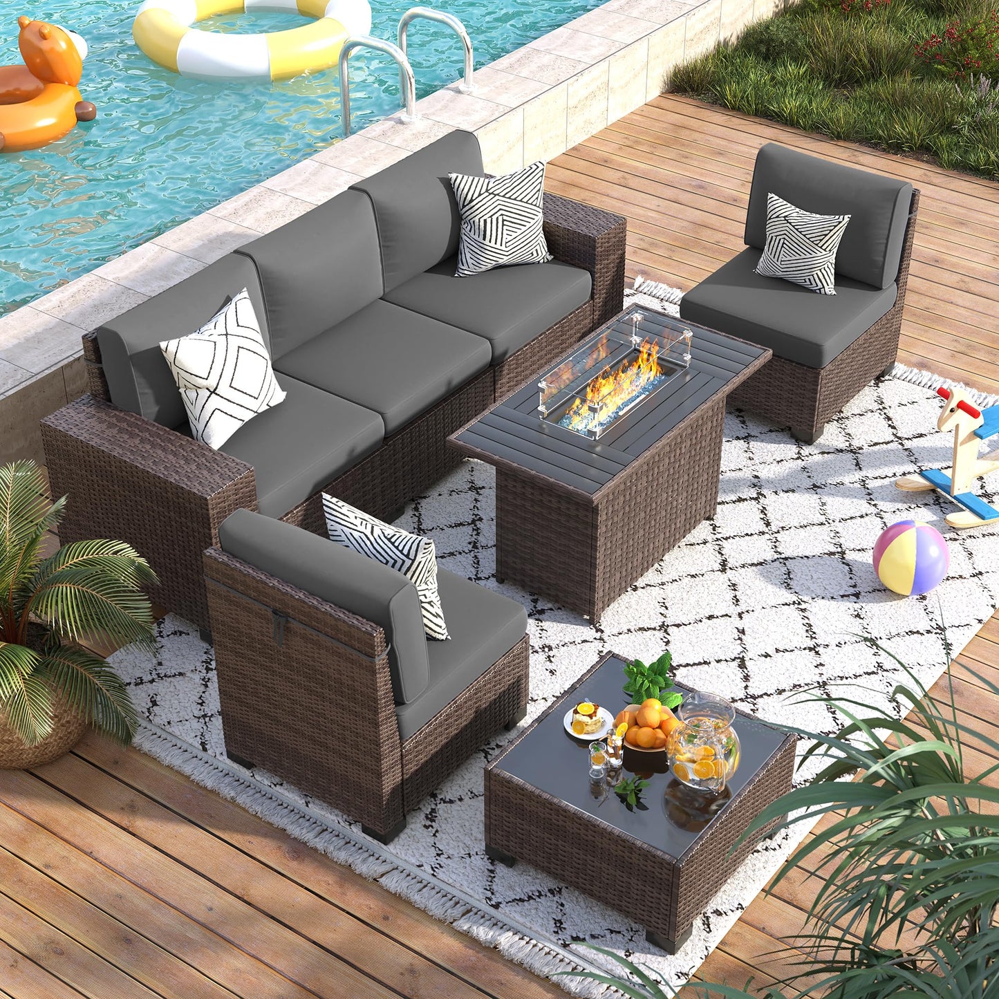 VONZOY Patio Furniture Set with Fire Pit Table, 7 Piece Outdoor Sectional Conversation Sets Wicker Rattan Sectional Sofa with Coffee Table for Patio Garden Backyard, 4'' Thickened Cushion Dark Grey