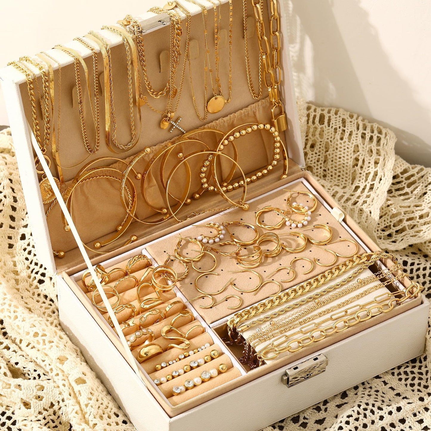 FAXHION 68 Pcs Gold Jewelry Set for Women with 7 Necklace, 17 Bracelet, 5 Hoop Earrings, 15 Stud Earrings, 24 Knuckle Rings for Women Jewelry Set for Women