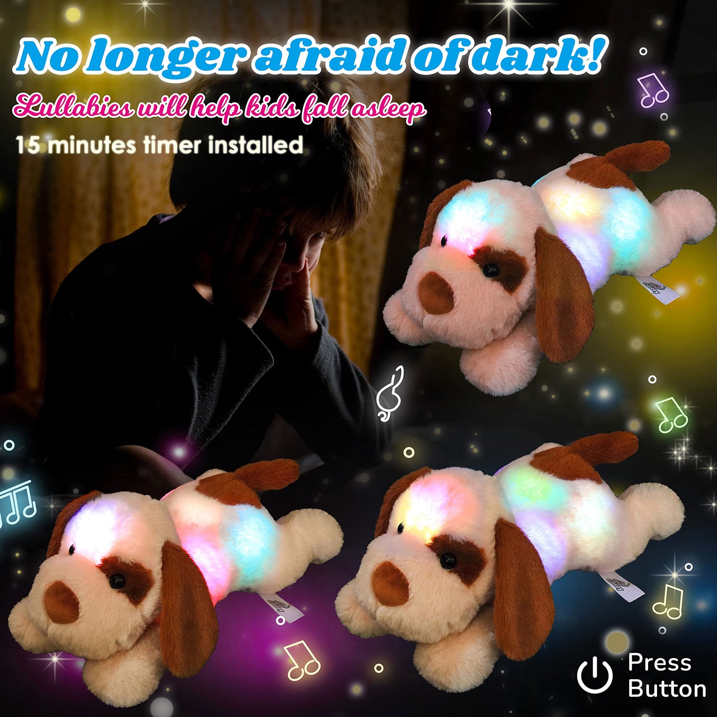 Cuteoy Glowing LED Dog Light-up Nightlight Toys Musical Plush Stuffed Animal Soft Singing Lullabies Birthday Christmas Plushies Puppy Gifts for Kids Boys Girls,14"