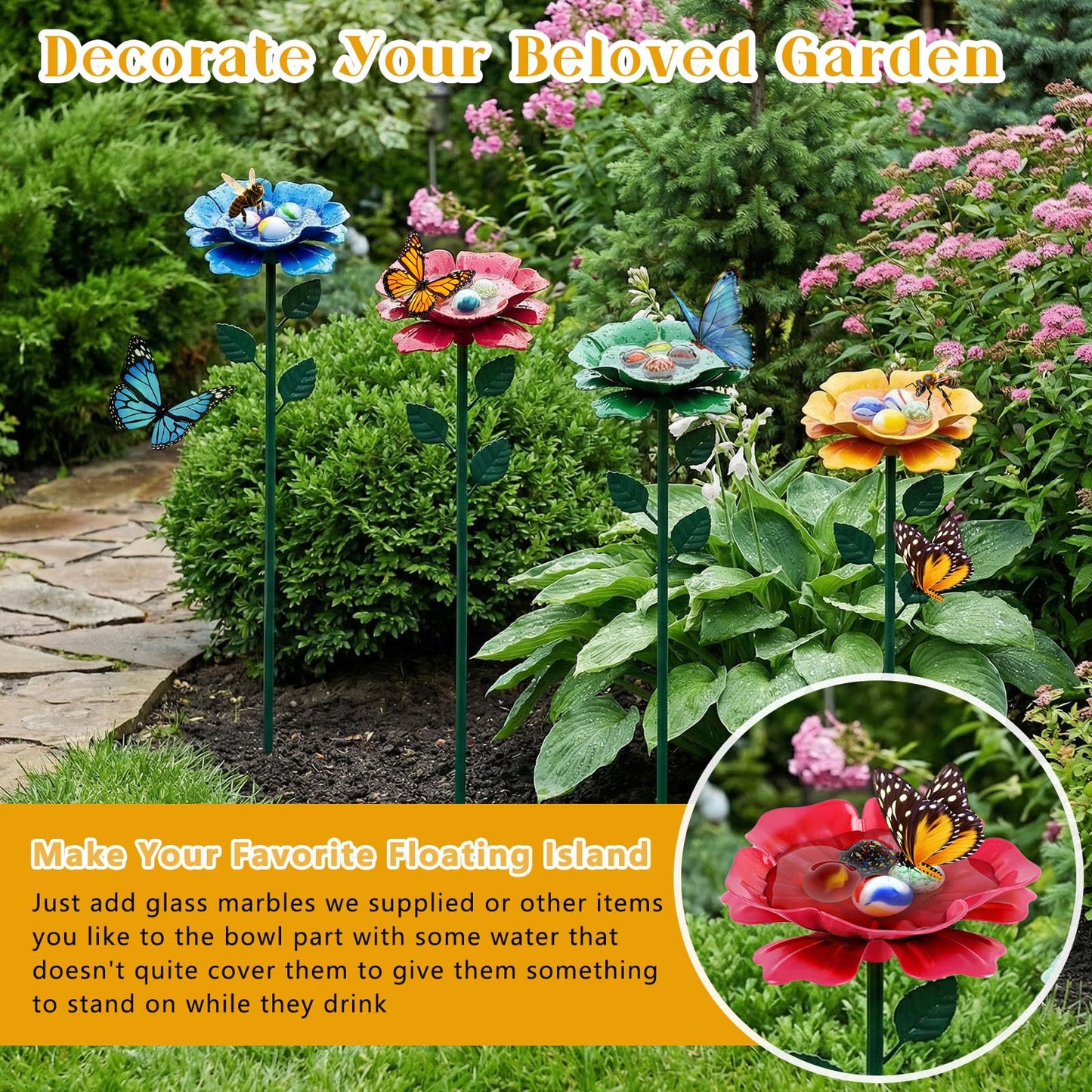 4 Pack Bee Watering Station, Butterfly Feeder, Bee Baths with 50 Glass Marbles, Bee Cups Water for Bees Garden, Outdoor Colorful Flower Design (Red,Green,Blue,Yellow)