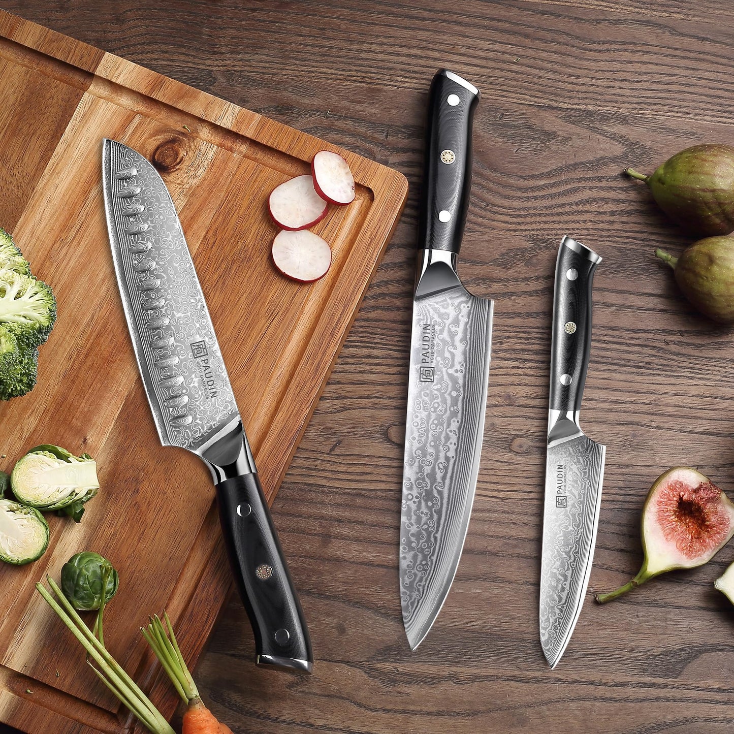 PAUDIN Damascus Knife Set 3 PCS, Japanese VG10 Steel Core, Ultra Sharp Chef Knife Set, Full Tang G10 Handle, Damascus Kitchen Knives