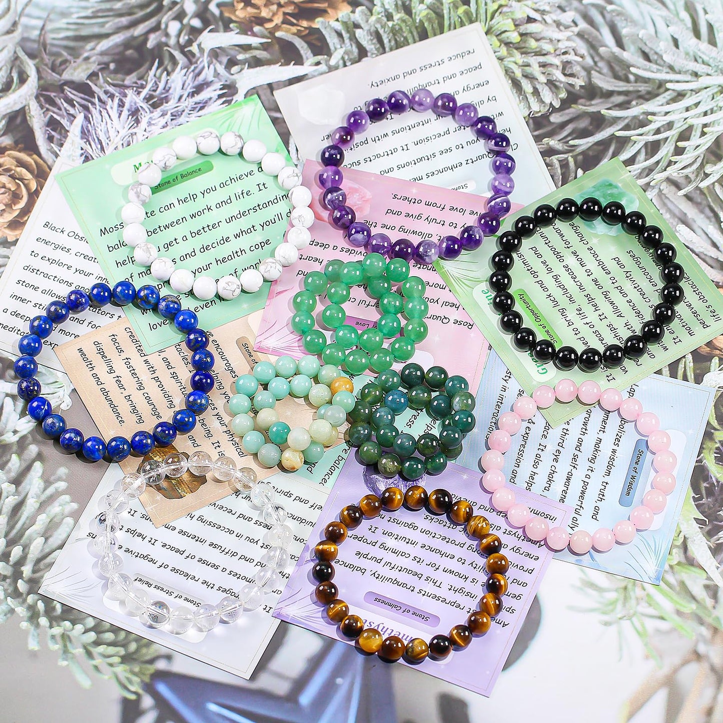 Set of 3pcs Natural Crystal Bead Bracelet for Women, Healing Stone Chakra Stretch Beaded Bracelets Anxiety Relief Bracelet Rose Clear Quartz Aventurine