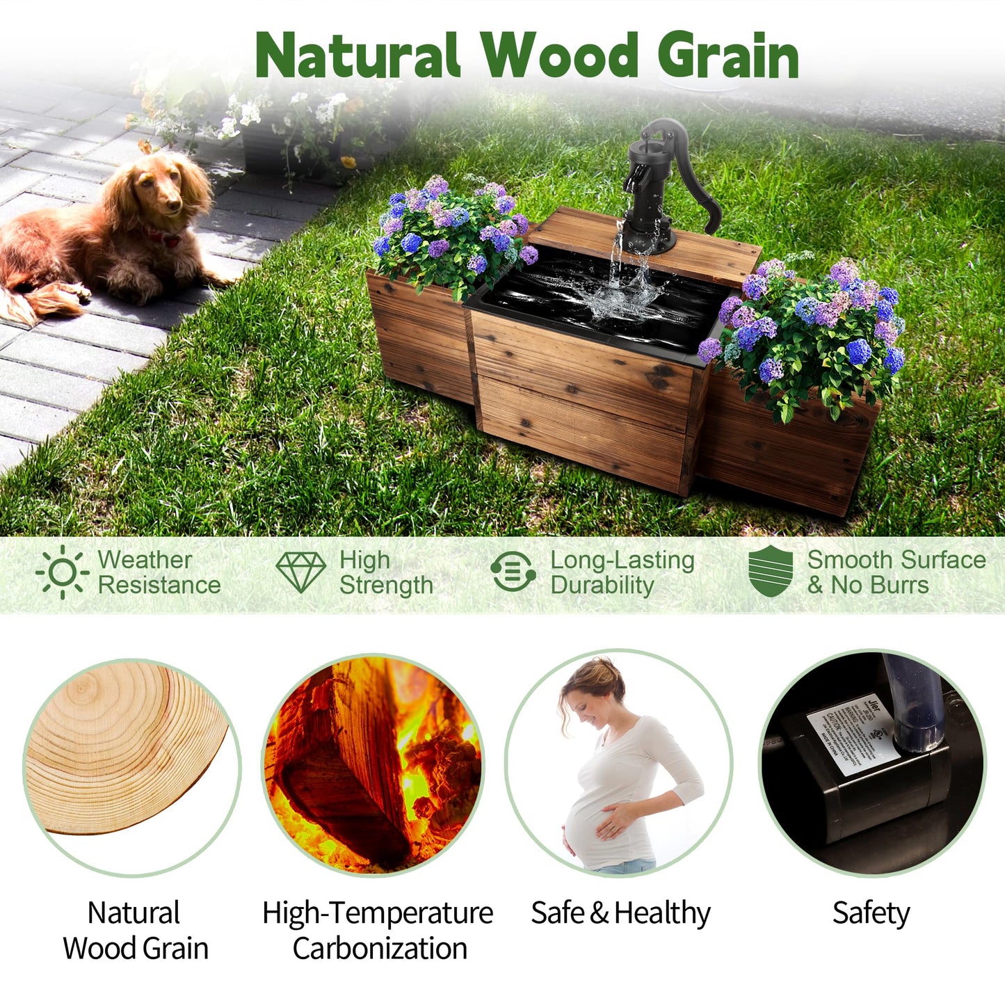 OIPRTGFJ Outdoor Water Fountain,Floor Wooden Rectangular Pump Old-Fashioned Fountain with Flower Box,Electric Decorative Hand Pump, Outdoor Water Feature for Garden Patio Backyard