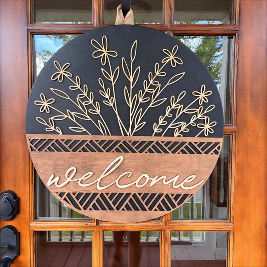 3D Welcome Sign for Front Door, Rustic Round Wood Wreaths Wall Hanging Modern Farmhouse Decor, House Warming Gifts New Home, Porch Fence Decorations for Spring Summer Fall All Seasons Holiday Outdoor