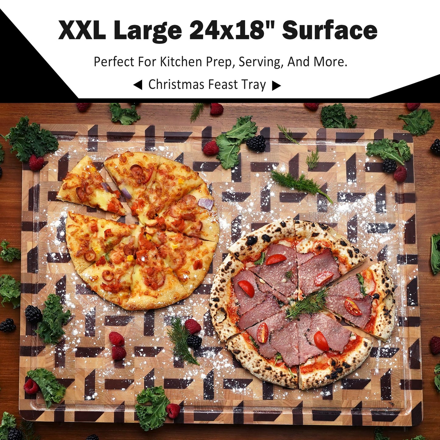 YOUSUNLONG End Grain Cutting Board - 3D Zigzag Pattern Walnut & Maple Butcher Block XXL Brisket Board - 24"L x 18"W x 1.5" Thick w/Juice Groove and Handles - Barbecue Tray,Cooktop Board;Cheese Board