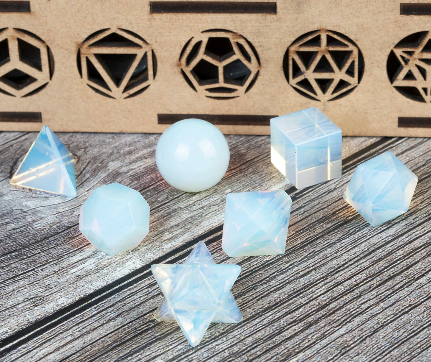 Crocon Opalite 7Pcs Platonic Solids Crystal Geometry Set, Platonic Solids Sacred Geometric Stones for Meditation Reiki Balancing Healing Chakra Stone Cleansing Spiritual Good Luck (15-20 mm)
