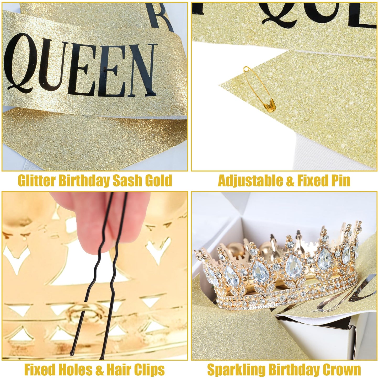 AMZVALU Crown & Birthday Sash for Women - Gold Crown Happy Birthday Cake Topper Candle Balls Butterfly | Corona Para Pastel | Sweet Crown Decoration for Queen Princess Bride Wedding Prom (Gold, White)
