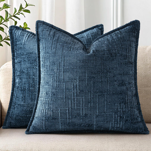 decorUhome Chenille Throw Pillow Covers 20x20 Set of 2, Thick Textured Slubby Neutral Decorative Pillow Covers with Elegant Design for Couch, Sofa, Living Room, Navy Blue