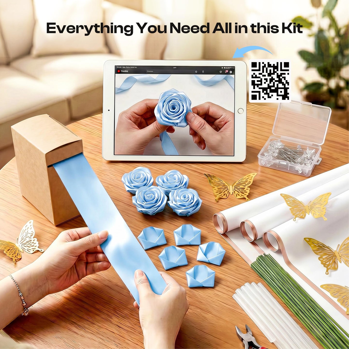 Caydo Sky Blue Ribbon Rose Bouquet for 2026 Graduation Gifts, 91PCS Ribbon Flower Making Kit with Floral Stem Wire, Wrapping Paper, Glue Stick, 3D Butterfly & Diamond Pins