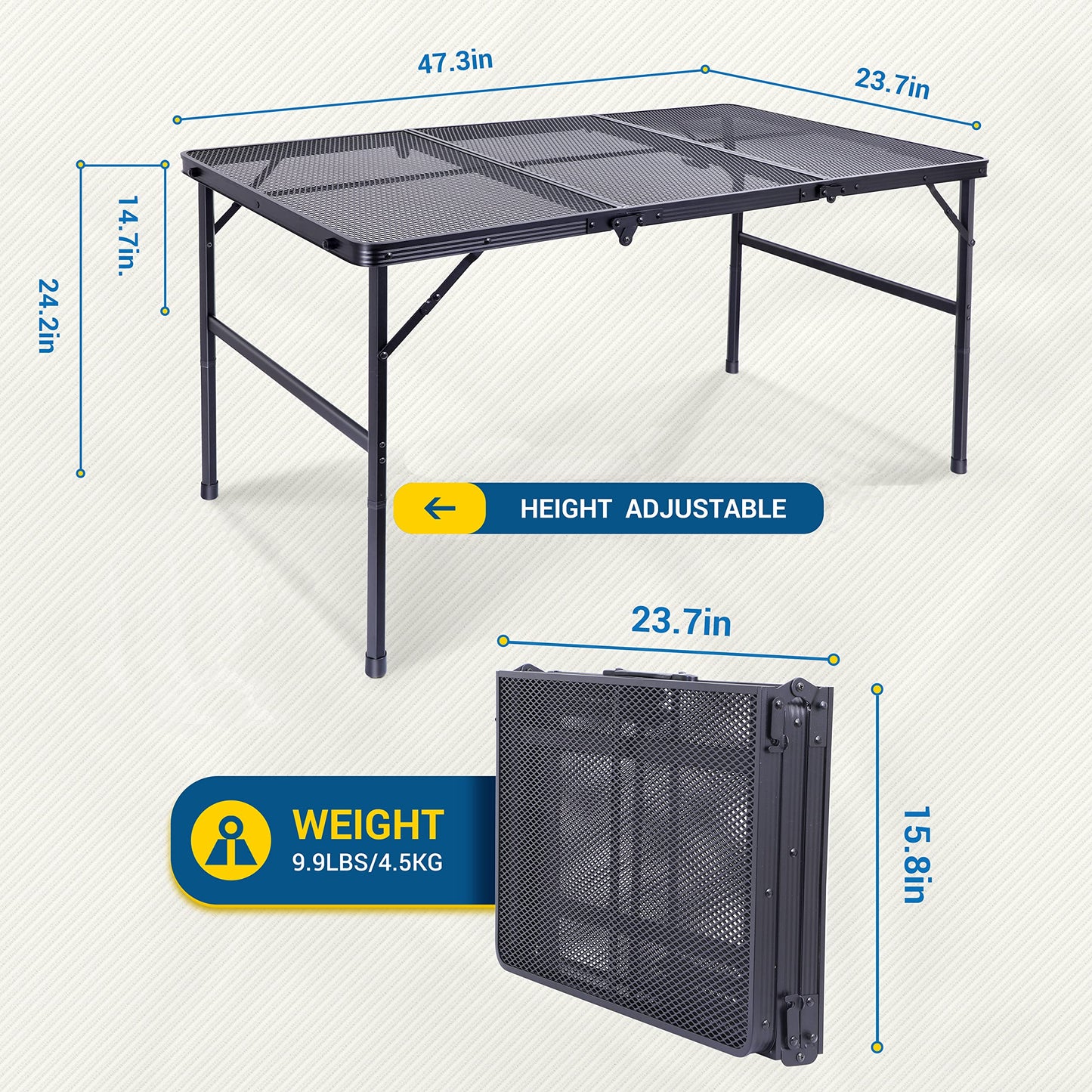 Nice C Table for Grill, Outdoor Table, Camping Cooking Picnic Tables, Card Tables Adjustable Height, Mesh Bag, Carry Handle (47.3” x 23.7“ x 14.7”/24.2“ Black)