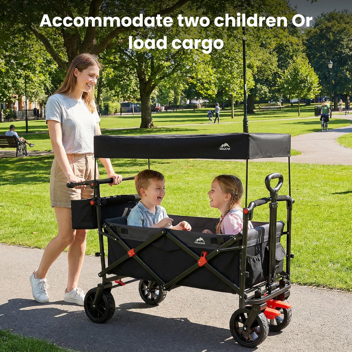 Foldable Wagons with Removable Canopy, Seat Belts, Reversible Handlebar, Removable Canopy, 220lbs Weight Capacity, Folding Wagon for Ages 1+ Years Suitable for Family Travel, Cargo,Gift