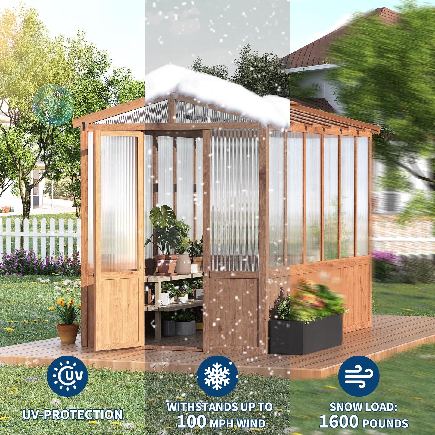 6x10FT Wooden Greenhouses for Outdoors, Wooden Walk-in Green House with Cedar Frame, Greenhouse Kit with 6MM Thick Polycarbonate Panel