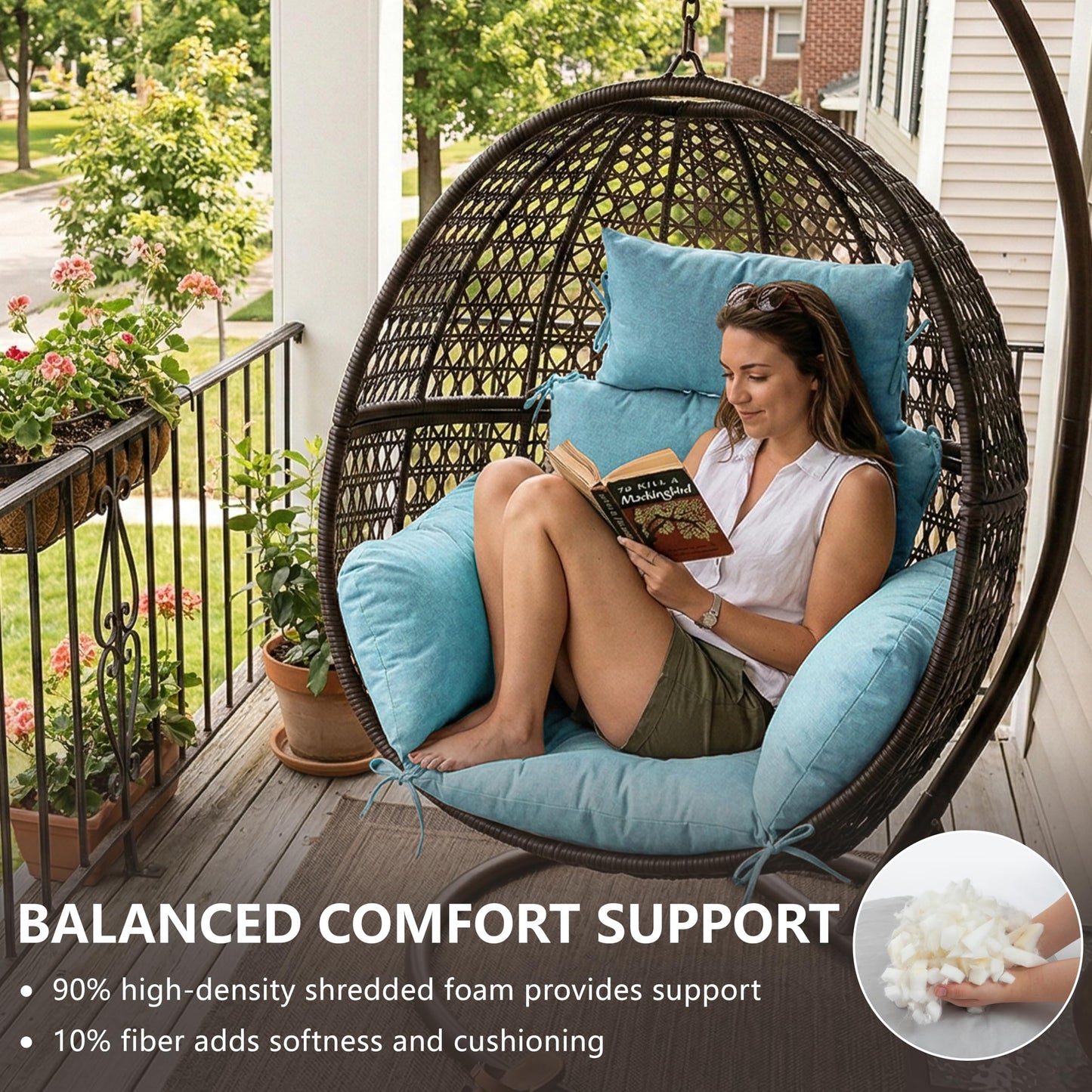 Honorbox Egg Chair Cushion with 8 Securing Straps, Water-Repellent & Fade-Resistant Faux Linen, Removable Cover, Replacement Cushion for Most Single Outdoor Hanging Swing Egg Chairs – Teal