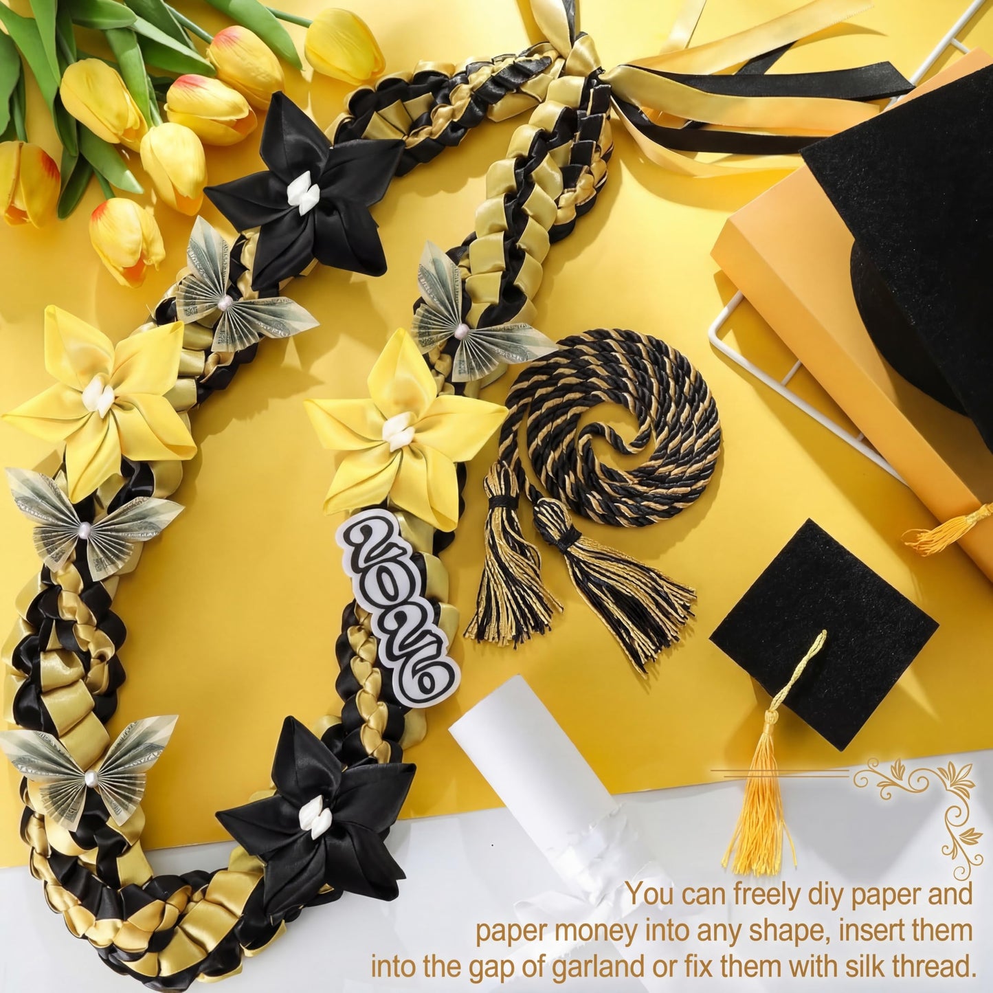 Craftsatin 2026 Graduation Money Leis with Honor Cord Class of 2026 Graduation Ribbon Money Leis Double Braided Handmade Necklace Kit for for High School College Grad Party Supplies(Gold Black)