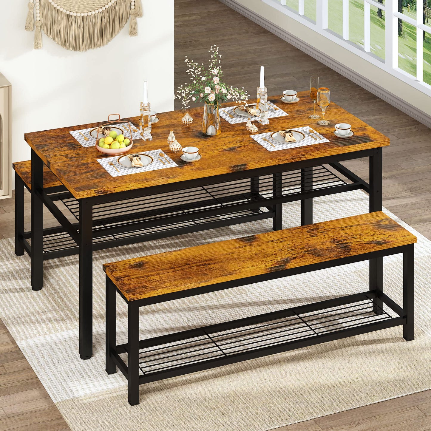 Lamerge 3-Piece Dining Table Set, Industrial Kitchen Table and Chairs Set for 4, Dining Table and 2 Benches with Storage Shelf, Dining Table Set for Dining Room Kitchen, Rustic Brown