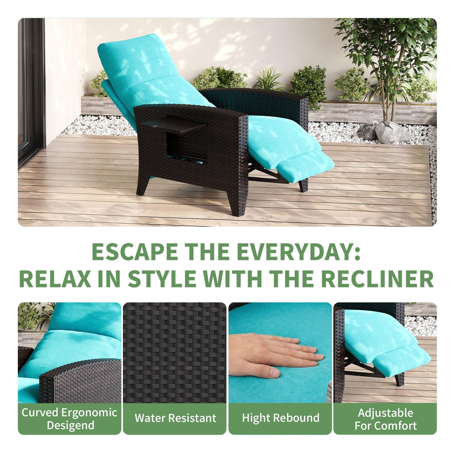 IDEALHOUSE Wicker Outdoor Recliner Reclining Patio Chair with Adjustable Back & Footrest 150° Lay-Flat Reclining with Air Pump Rattan Flip-Up Side Table Outdoor Lounge Chair for Pool Deck Balcony