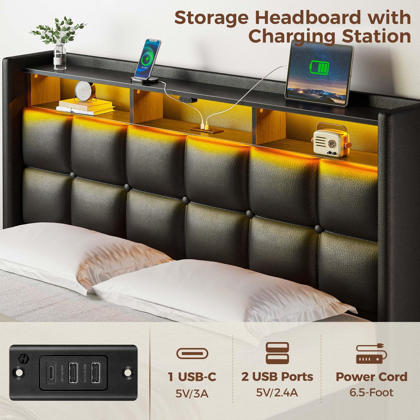 Rolanstar Bed Frame Queen Size with Lift Up Storage, Charging Station & LED Lights, Upholstered Storage Headboard, Heavy Duty Wooden Slats, No Box Spring Needed, Noise Free, Easy Assembly, Black
