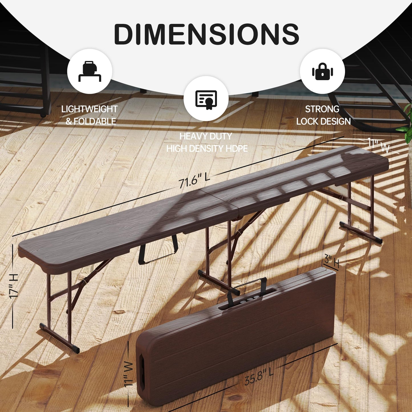 VSOAEIL 6 Foot Folding Bench, Portable Plastic Folding Bench Seat, Foldable Seat for Indoor Outdoor Picnic Camping Dining, Soccer Garden Multipurpose Entertaining Activities, Brown, 1 Pack