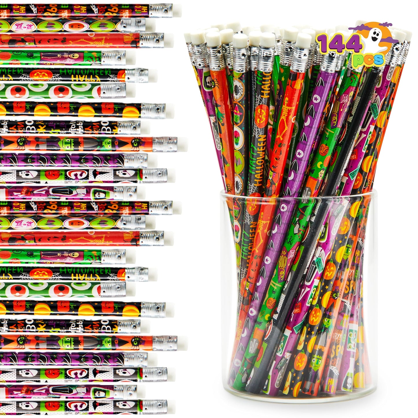 JOYIN 144 PCS Halloween Pencils with Eraser, 12 Designs Halloween Stationery Set for Kids Gifts Prizes, Wooden Drawing Pencils, Classroom Party Favor Supplies, Trick or Treat Goodies Bags Fillers