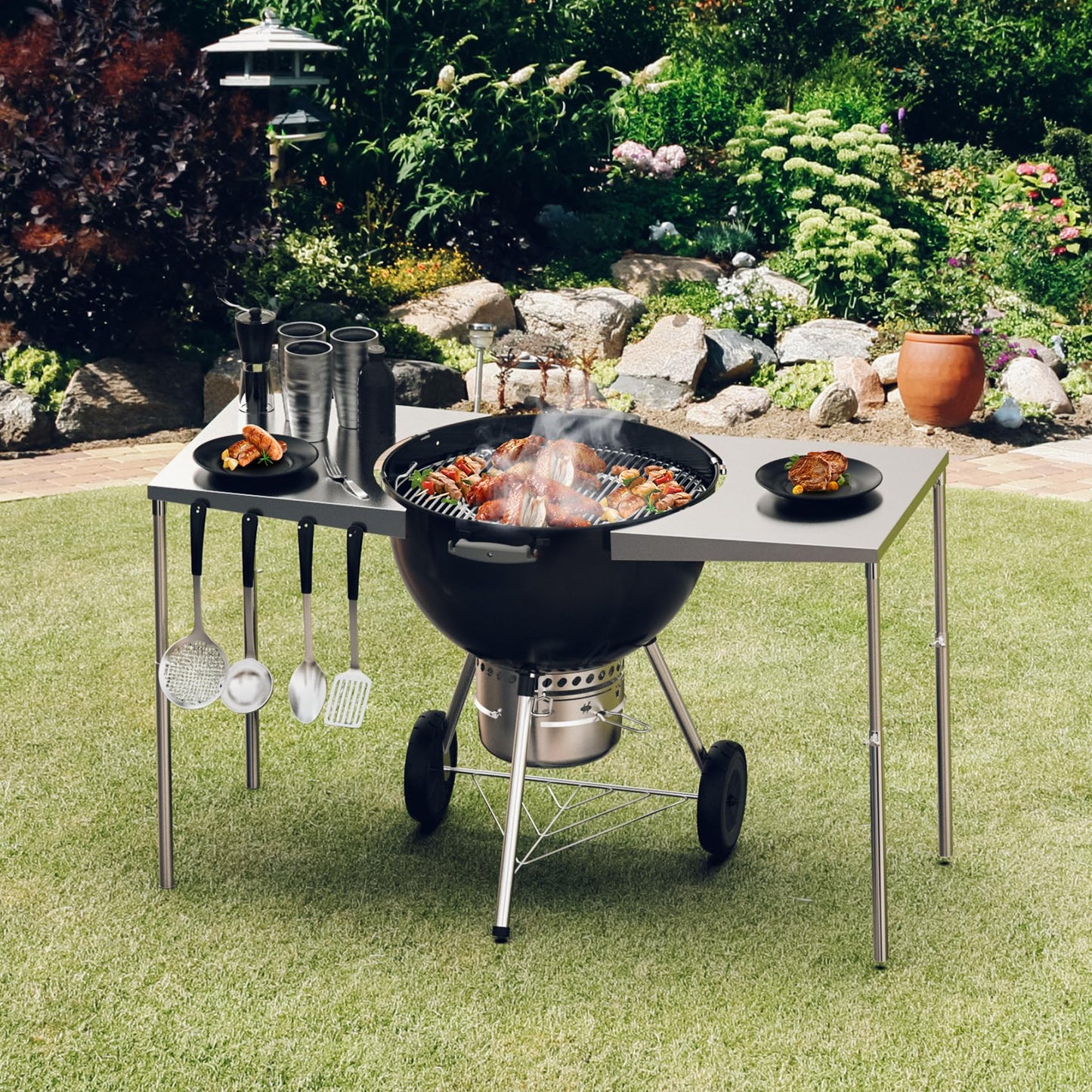 Charkettle Stainless Steel Kettle Grill Side Table/Shelf, Compatible with Weber 18"/22" Grills, Charcoal Kettle Grill Accessories with Adjustable Height
