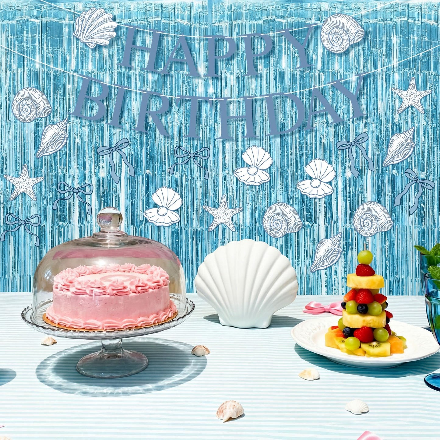 Epakh 39 Pcs Coastal Blue Bow Starfish Seashell Party Decorations Includes 24 Pcs Paper Cards Decor 13 Happy Birthday Banner 2 Foil Fringe Curtain Backdrop for Ocean Photo Prop Party Supplies
