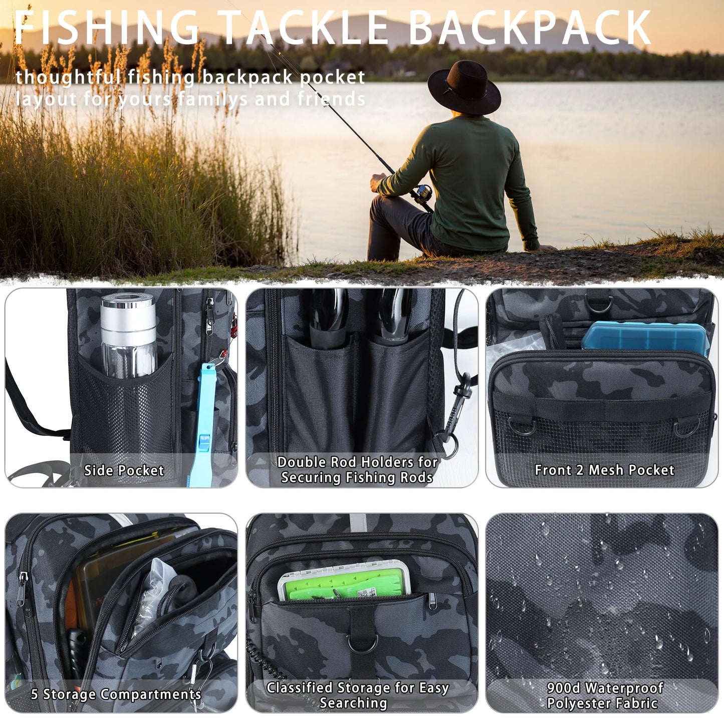 SKAITU Fishing Backpack with Tackle Boxes and Rod Holder, 24L Fishing Sling Bag with Fishing Lures Kit, Fishing Gear Bag Gifts for Men Women - Black Backpack