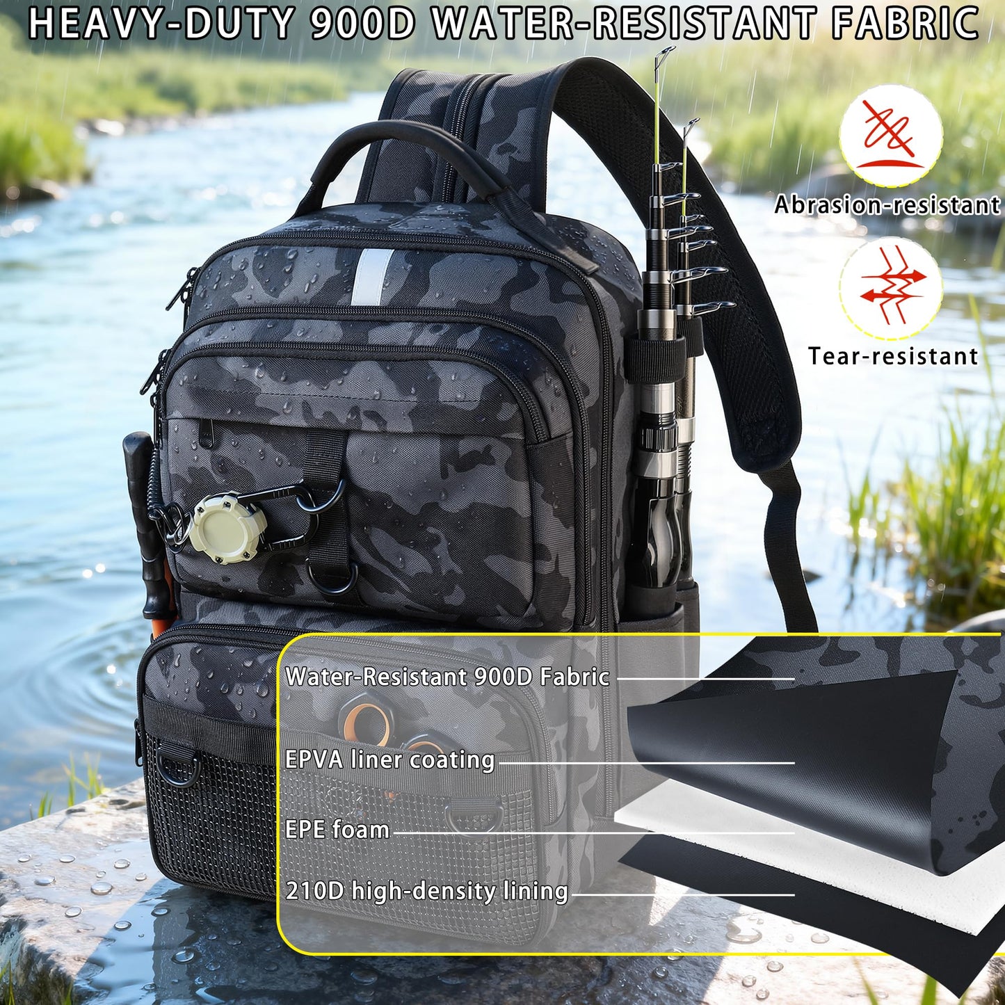 SKAITU Fishing Backpack with Tackle Boxes and Rod Holder, 24L Fishing Sling Bag with Fishing Lures Kit, Fishing Gear Bag Gifts for Men Women - Black Backpack