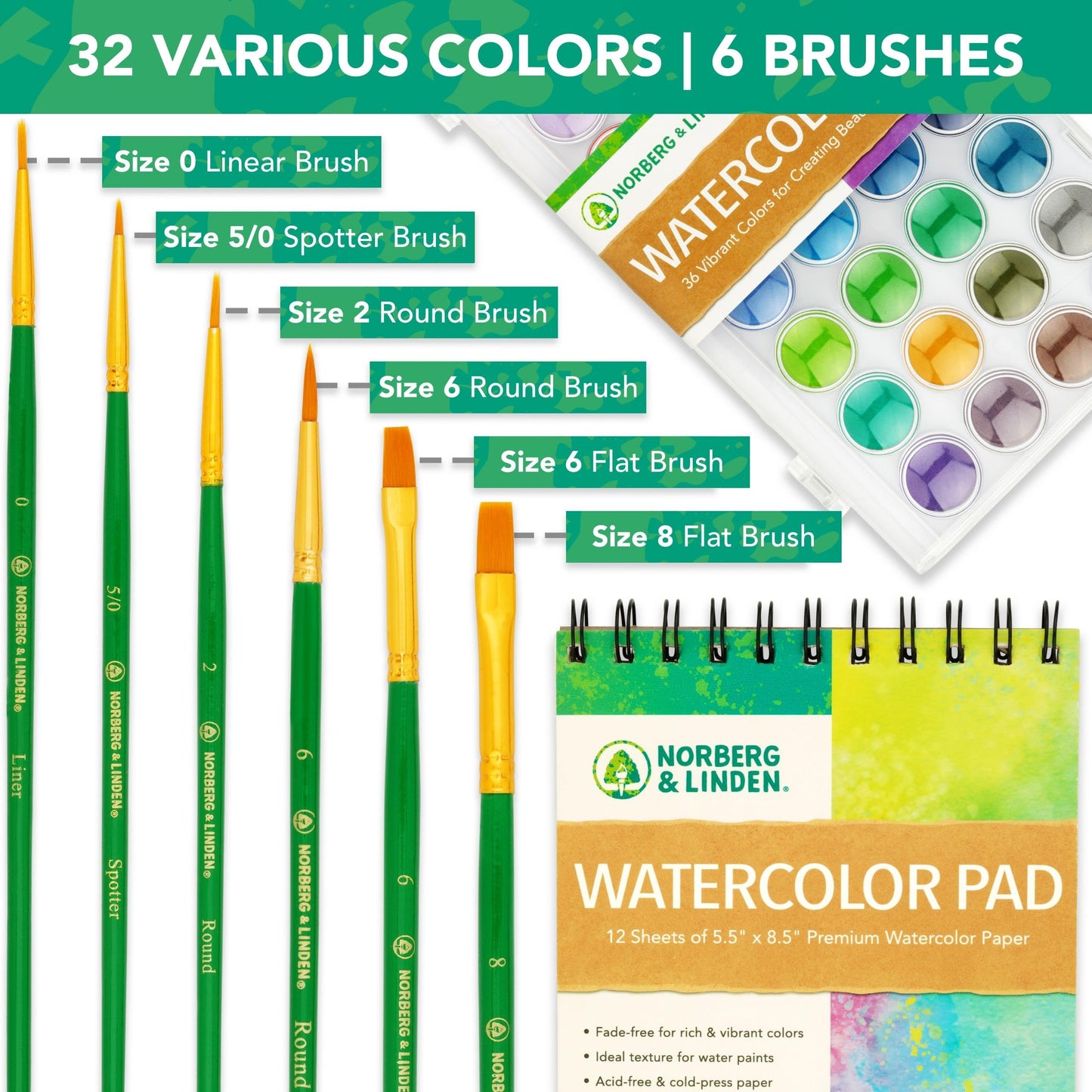 Norberg & Linden Watercolor Paint Set - 36 Premium Paints - 12 Page Pad - 6 Brushes - Painting Supplies with Palette, Watercolors, Art Pad Paper and Artist Brushes